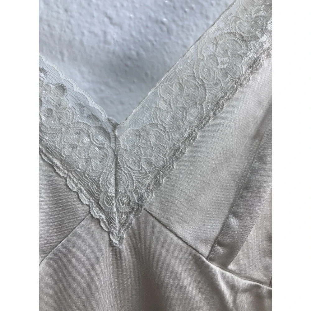 Vintage Ivory Silky Full Slip Dress Midi Size Small Lace Adjustable Straps